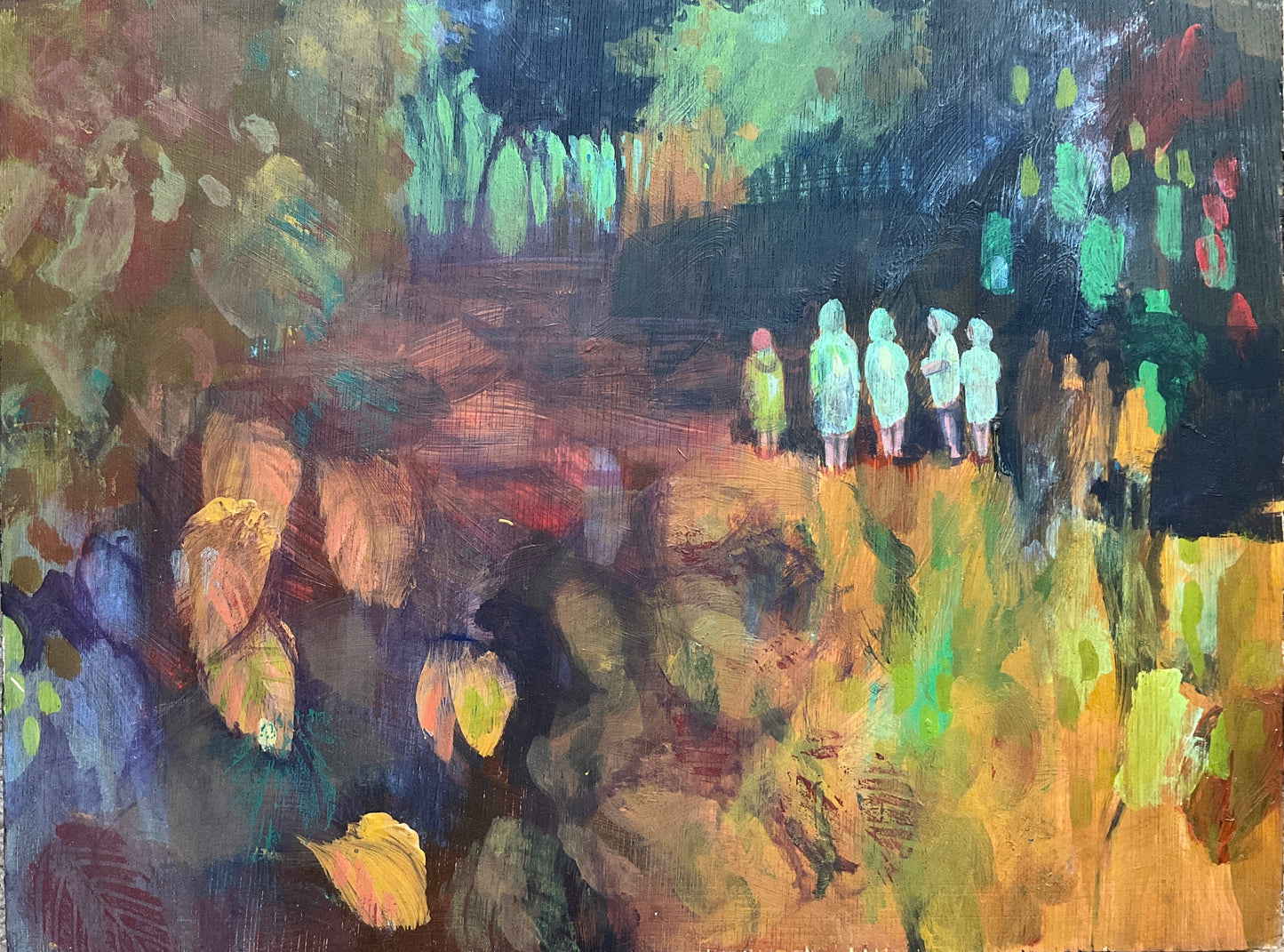 Wild Swimmers: Dry Robes - Original landscape painting with wild swimmers