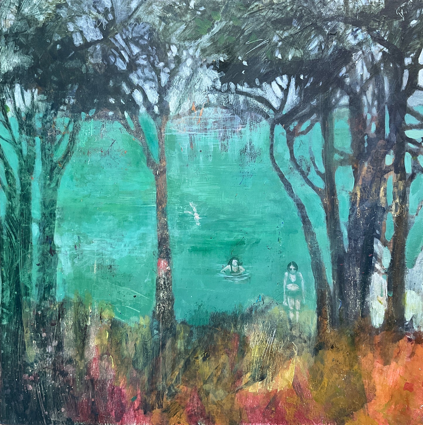 The Green Loch - Original landscape painting with wild swimmers