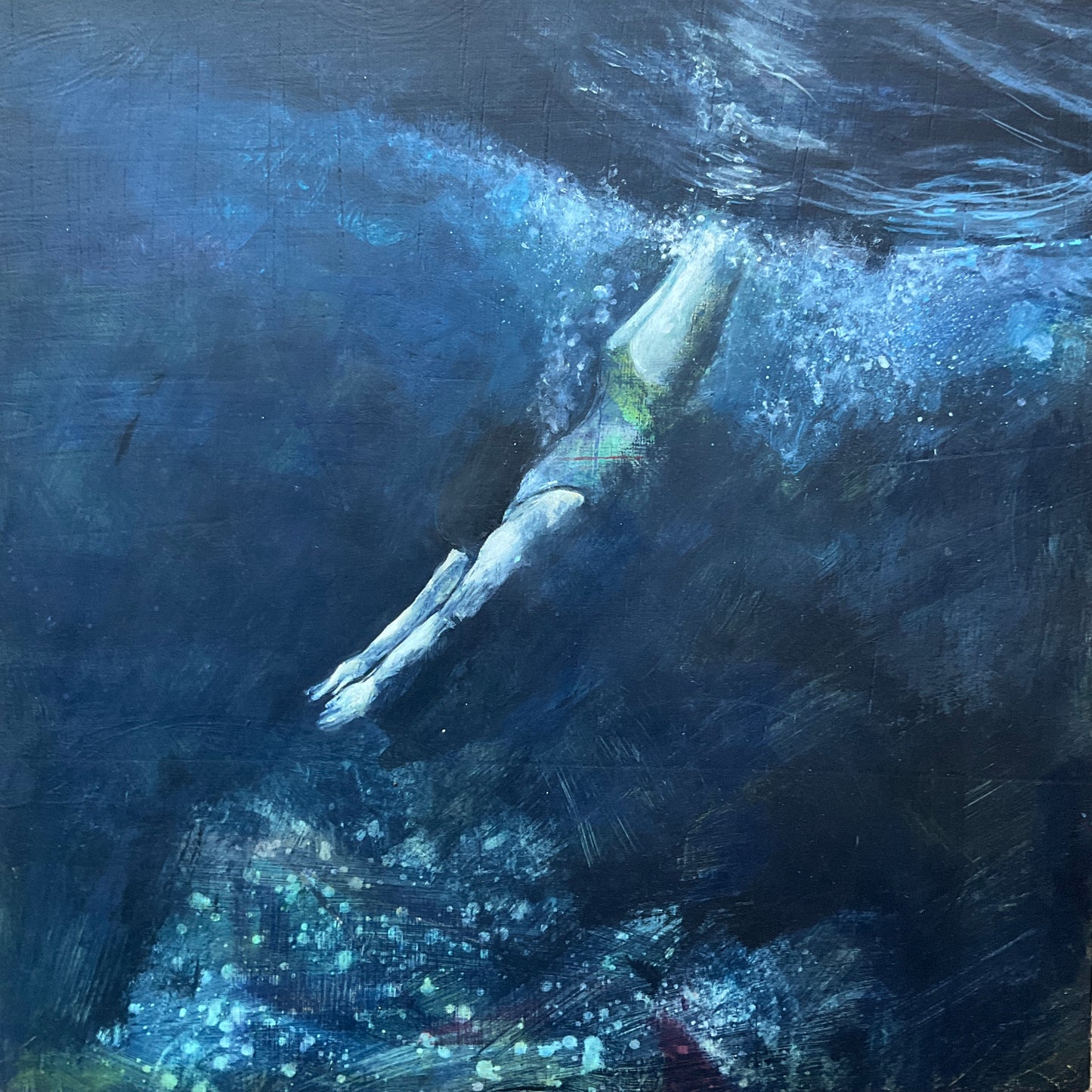 Sapphire Diver - Original underwater painting with wild swimmer