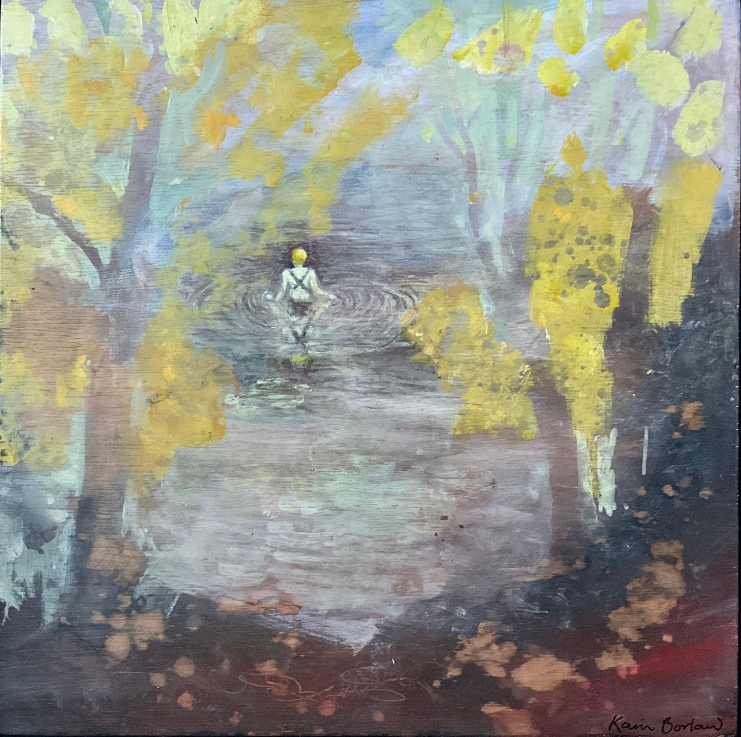 Wild Swimmer: Autumn - Original landscape painting with wild swimmer