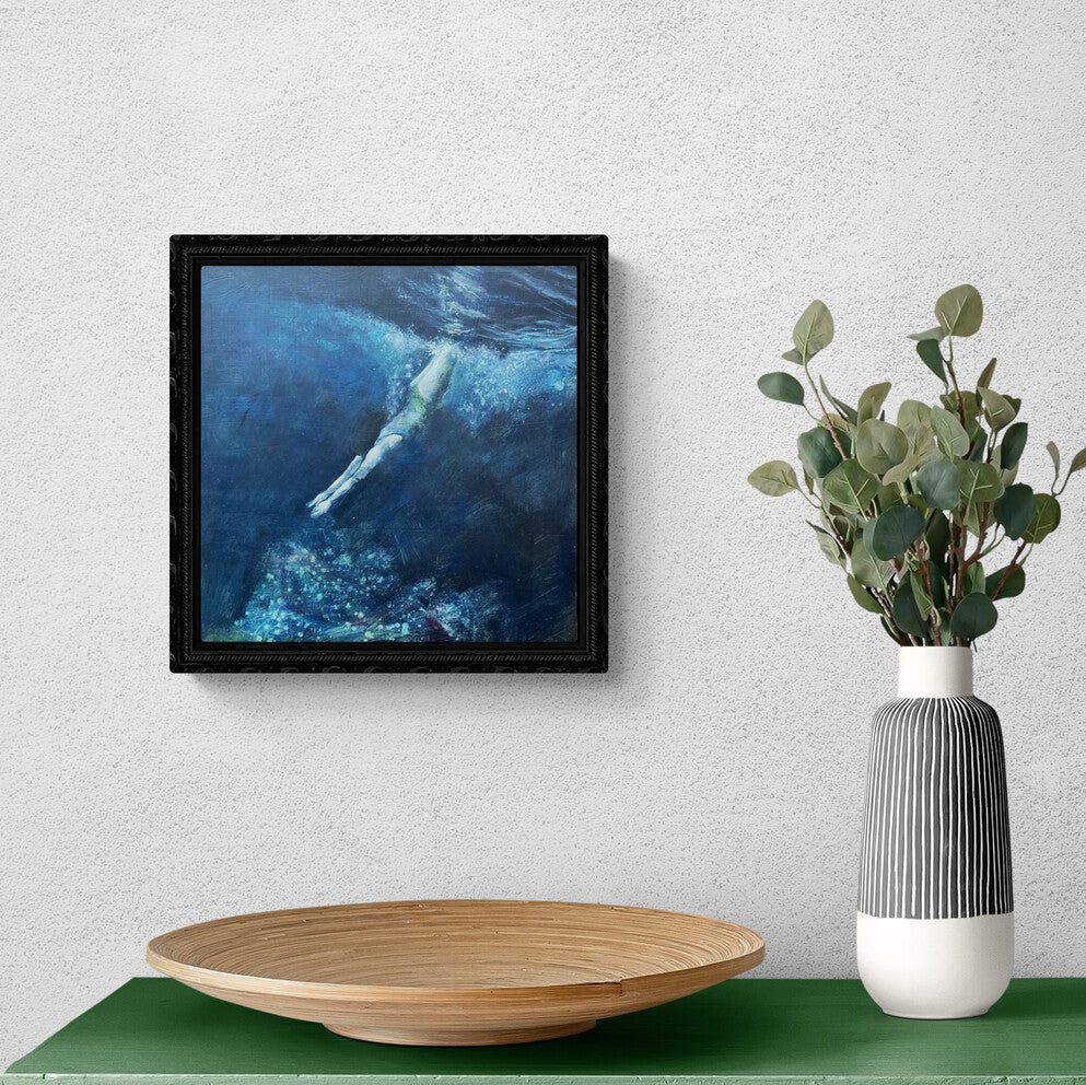 Sapphire Diver - Original underwater painting with wild swimmer